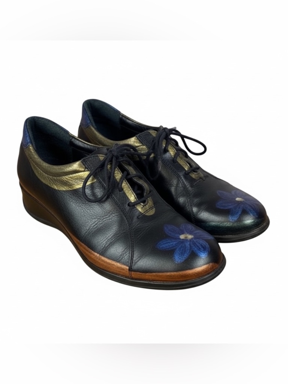 Astore Leather Black and Gold Shoes Sneaker with Floral Design Sz EU36